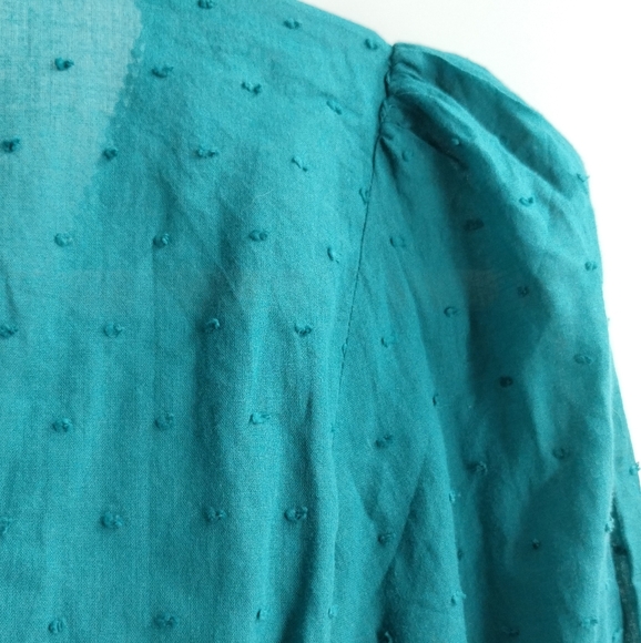Farm Rio Anthropologie Color Block Teal Swiss Dot Wrap‎ Blouse - Picture 10 of 16